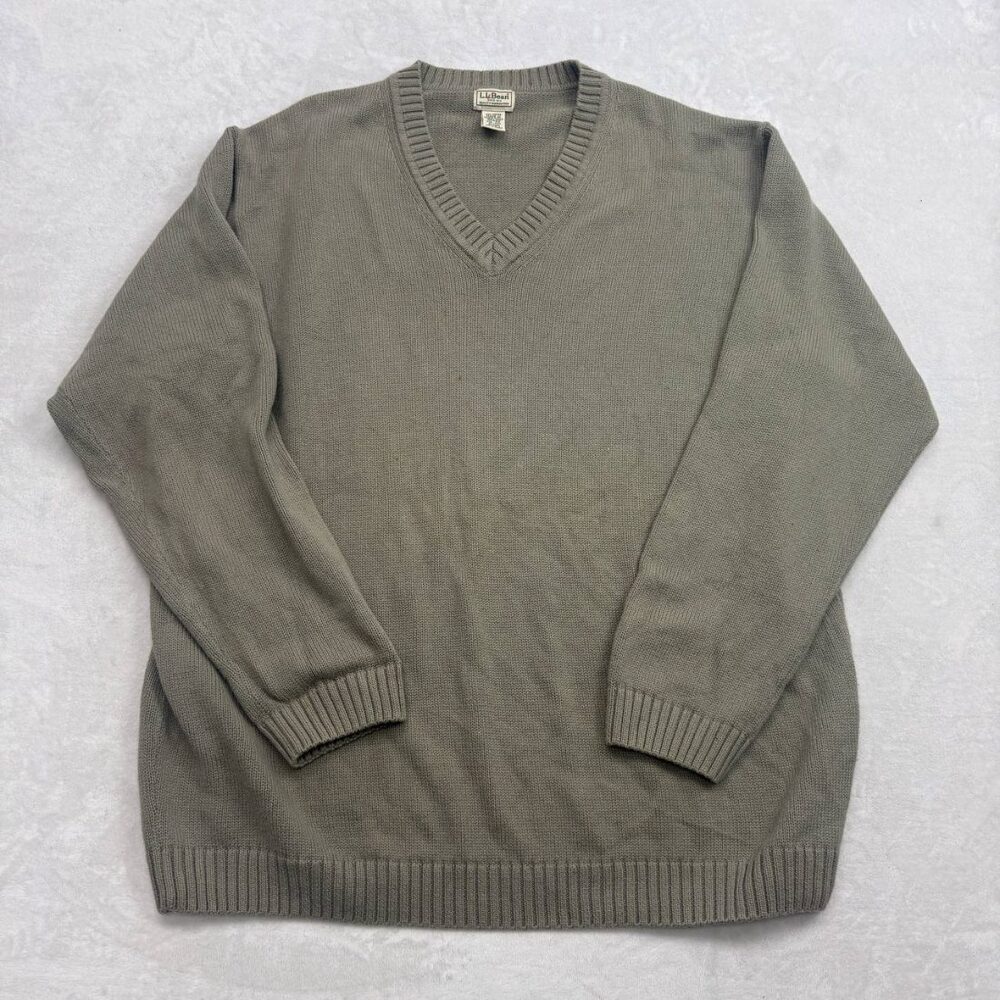 L.L. Bean Men's Tall Sweater Khaki Size XXL Cotton V-Neck Pullover Knit